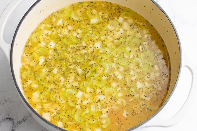 broth and vegetables for vegan chicken noodle soup