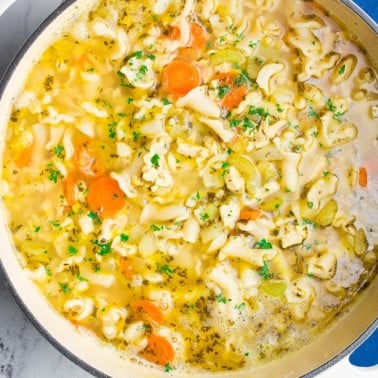 large pot of soup with noodles