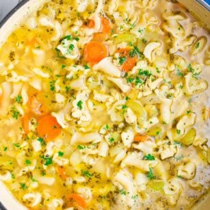 close up of pot of vegan chicken noodle soup
