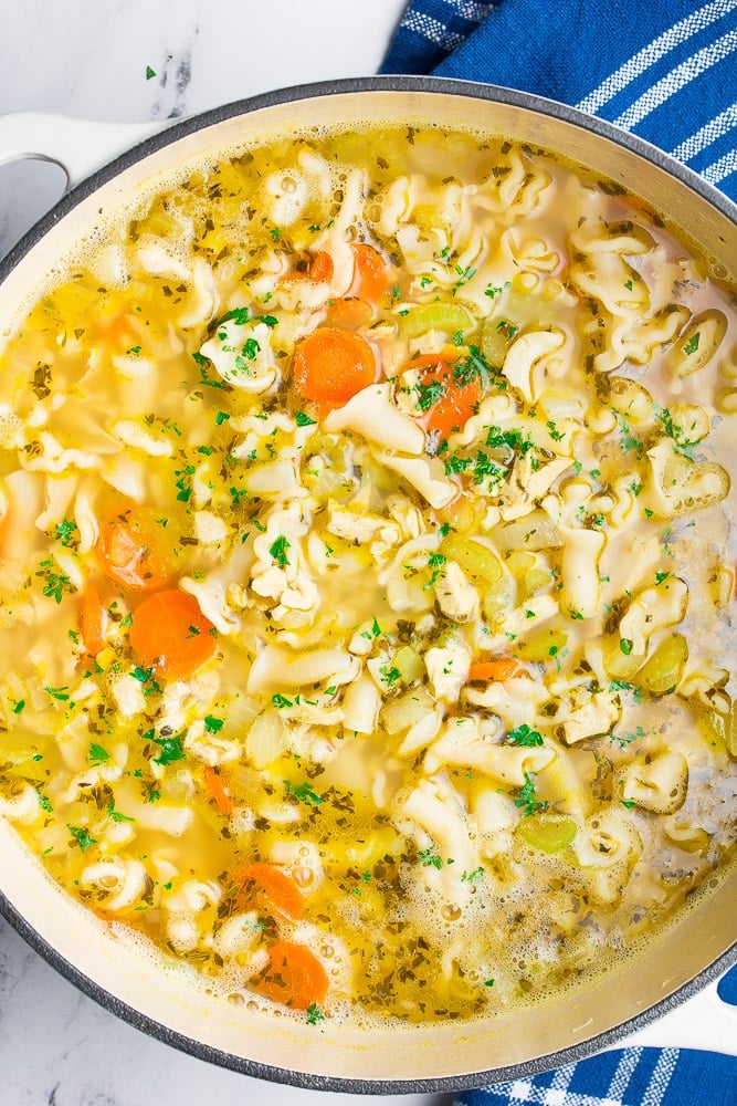 close up of pot of vegan chicken noodle soup