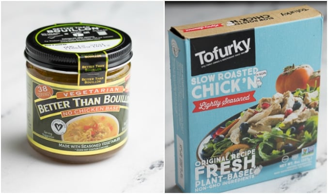 collage showing vegan chicken broth and tofurky chicken.