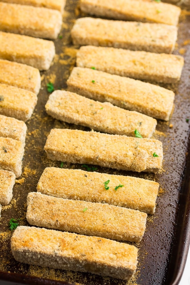 cooked tofu fish sticks on a pan