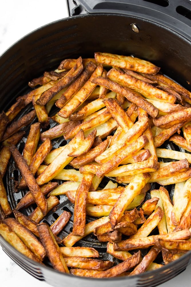 crispy golden fries in air fryer basket