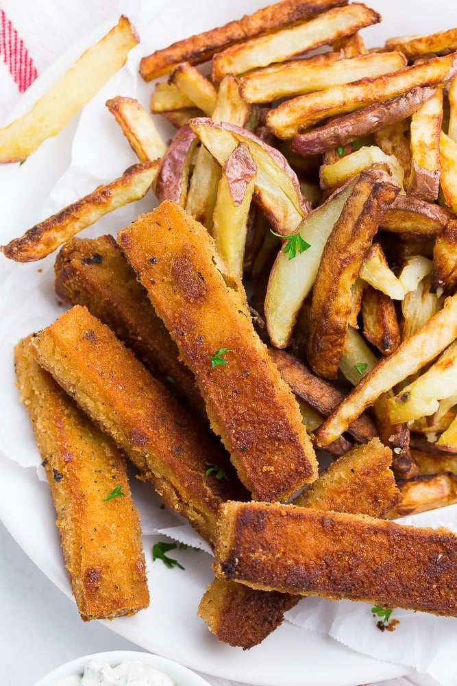 tofu fish and fries on a plate