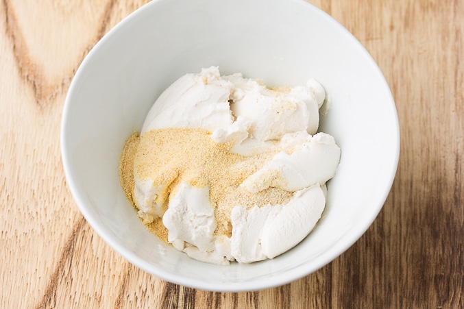 bowl of vegan cream cheese and spices