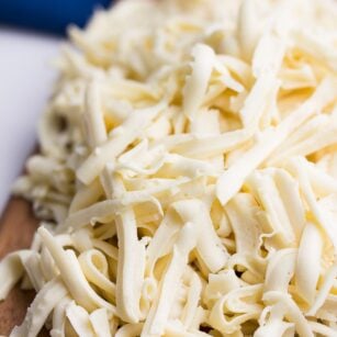 close up of shredded vegan mozzarella
