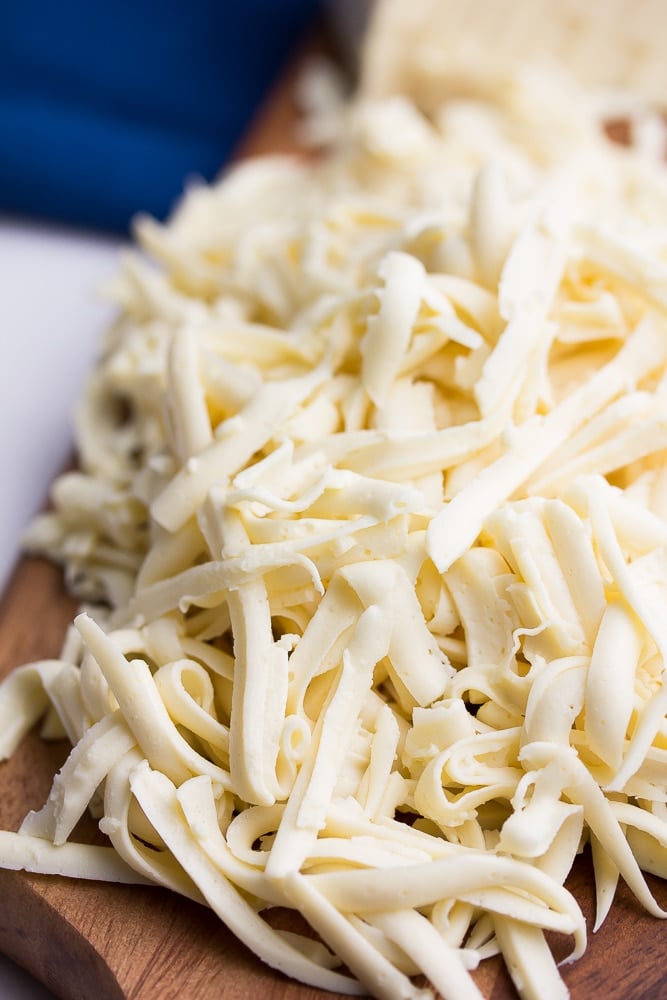 close up of shredded vegan mozzarella