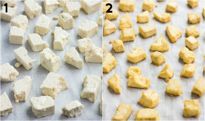 collage of before and after baking tofu that is ripped like chicken