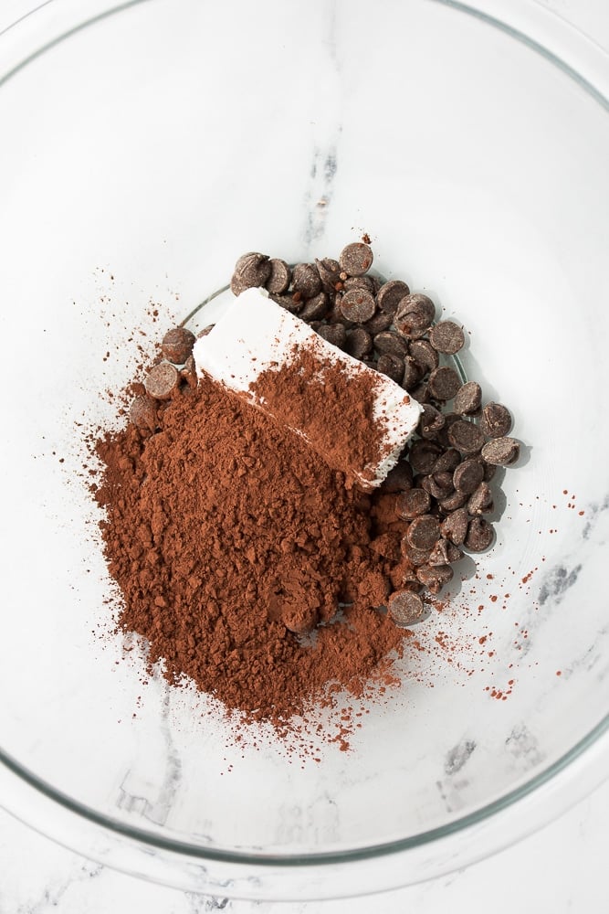 vegan butter, cocoa and chocolate chips in a bowl