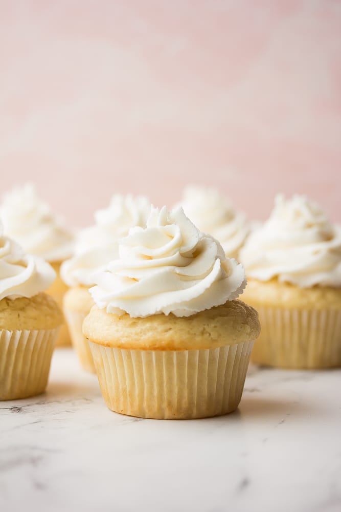 vanilla cupcakes with pink background, frosted