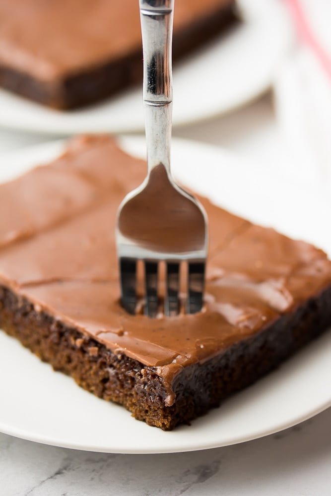 fork sticking into a chocolate cake