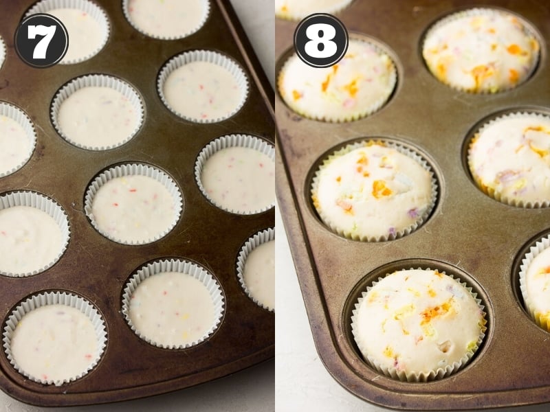 showing uncooked then cooked cupcakes in a pan