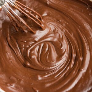 square image of bowl of chocolate ganache with whisk