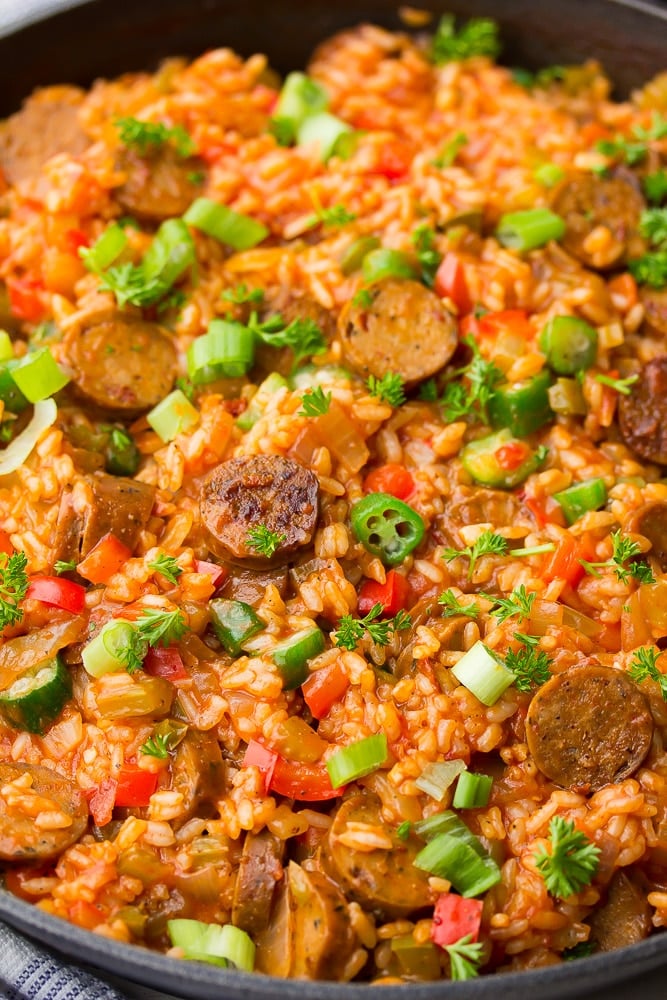 very close up of finished rice, vegetable and sausage dish