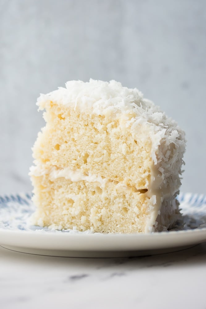 piece of coconut cake standing up, shot from side, grey background