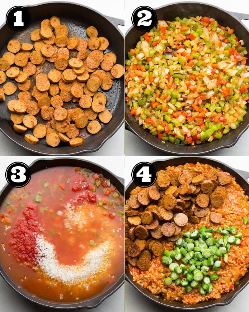 collage of how to make jambalaya step by step