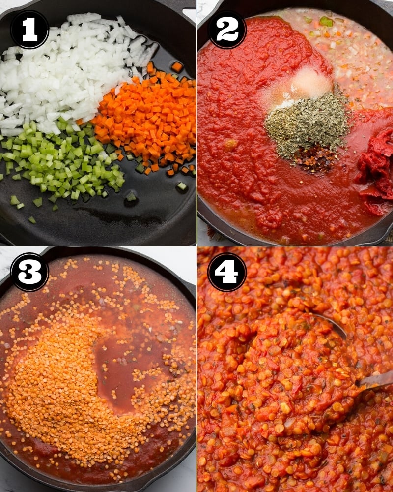 collage of how to make lentil bolognese in 4 steps