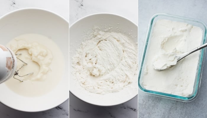 photo collage showing whipping butter process