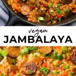 pinterest collage with text of vegan jambalaya
