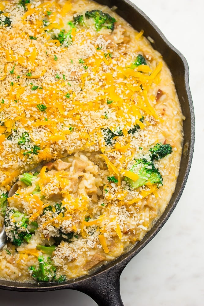 chicken broccoli casserole in a pan