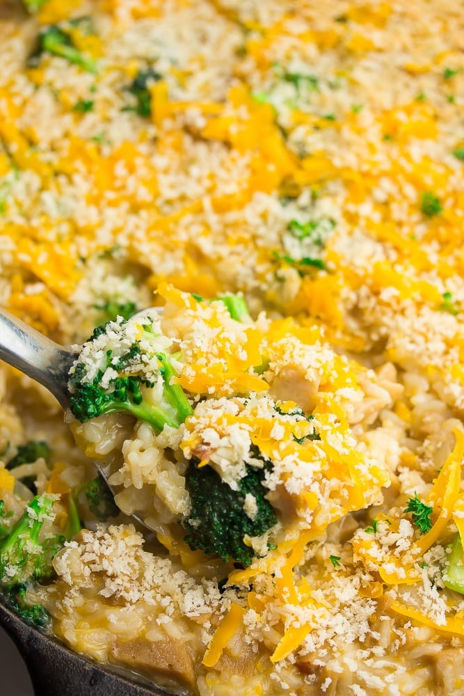 close up of a fork full of chicken broccoli casserole