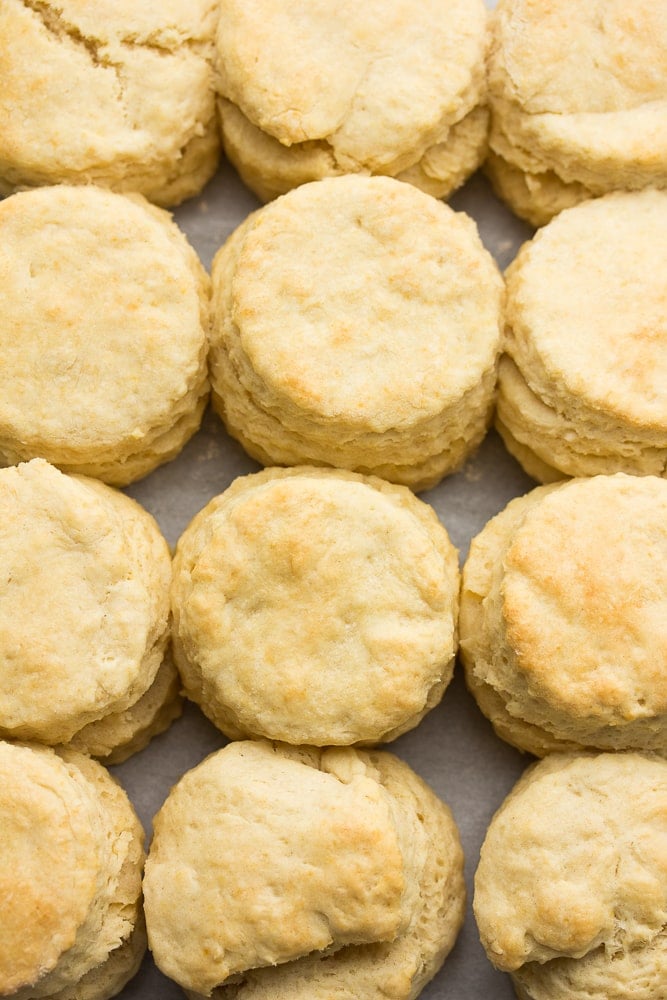 an overhead shot of a pan full of biscuits