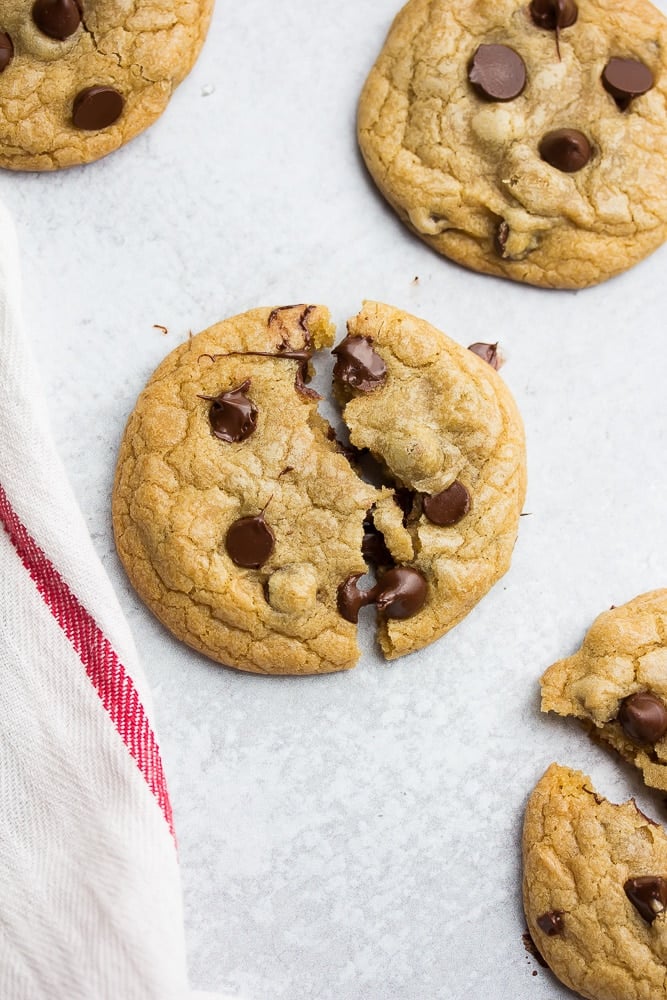 a chocolate chip cookie on a towel