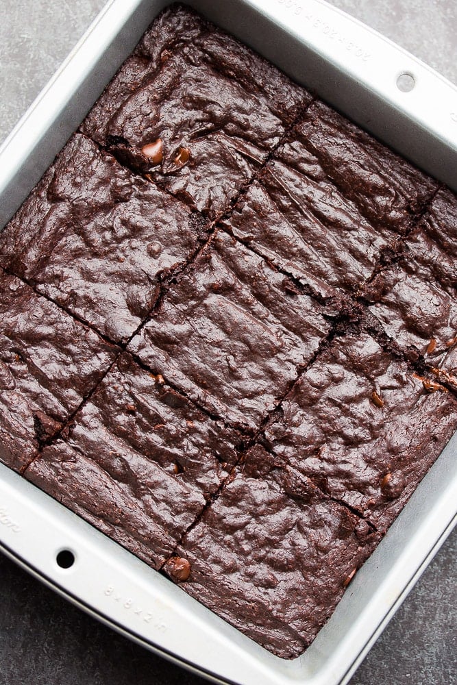 looking down on a pan of crinkly brownies, cut in pan