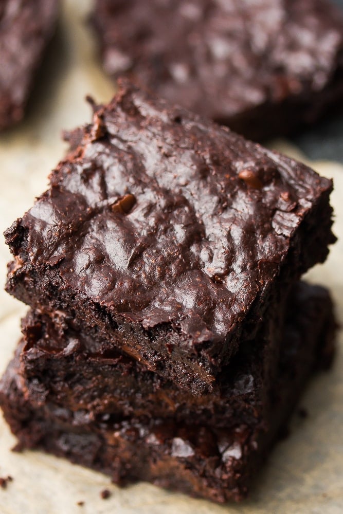 stack of 3 brownies, showing crinkle top