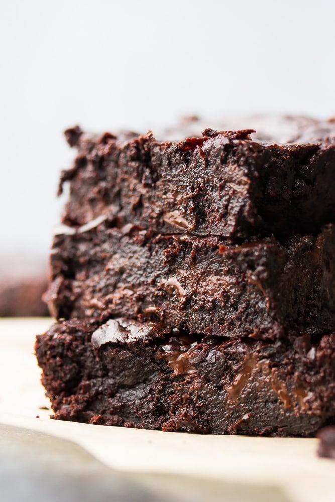 side shot of 3 brownies, showing inside texture