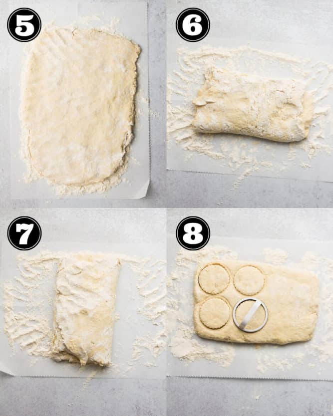 collage of how to roll out the dough to make biscuits