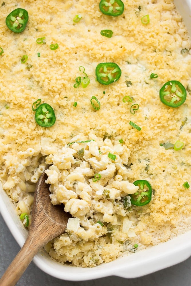 looking down on a casserole dish of mac and cheese