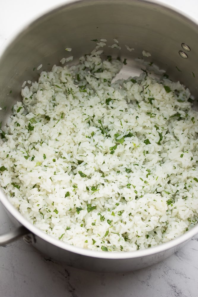cooked cilantro lime rice in a pot