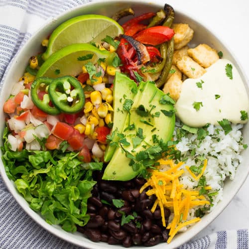 Vegan Burrito Bowl - With Queso and Vegan Chik'n - Nora Cooks