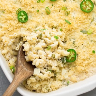 square image of pan of mac and cheese with jalapenos