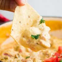 close up of woman's hand dipping tortilla chip in cheese sauce