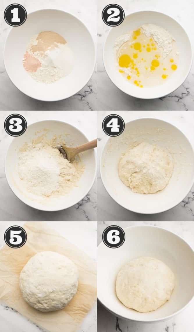 6 pictures of the steps to making homemade pizza dough