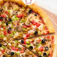 Overhead shot of a vegan pizza