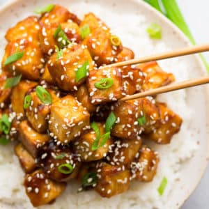square image of a bowl of rice and saucy tofu, sesame seeds and green onions on top