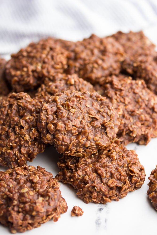 Close up of a pile of vegan no bake cookies