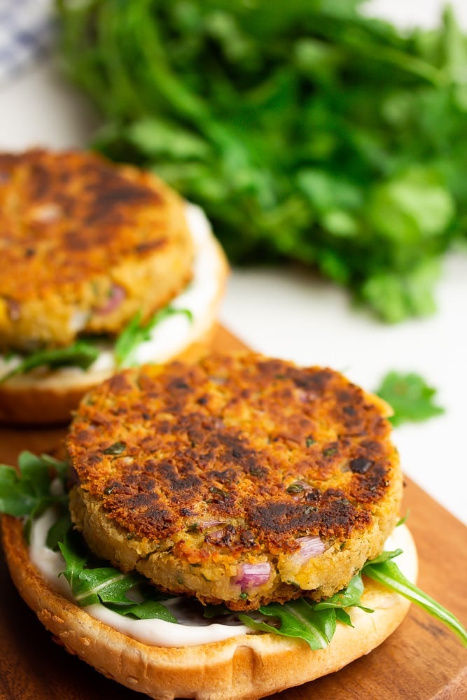 open bun burgers with greens