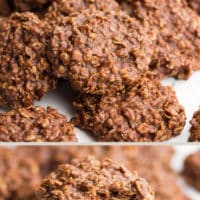 Close up of a pile of no bake chocolate cookies