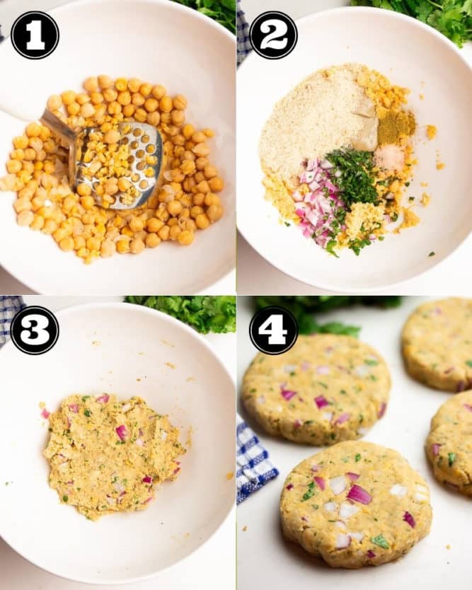 collage of how to make chickpea burgers step by step