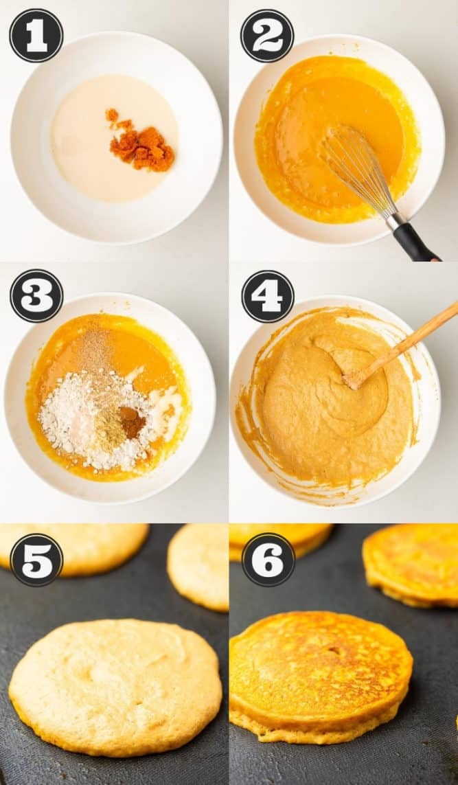 collage of how to make pumpkin pancakes