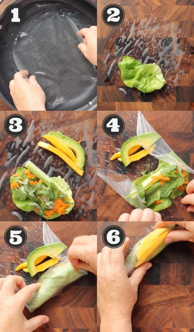 collage showing how to roll up spring rolls