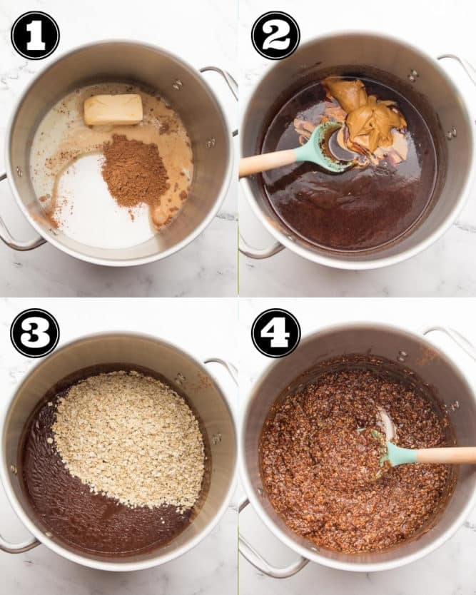4 pictures of the steps involved in making chocolate oat cookies