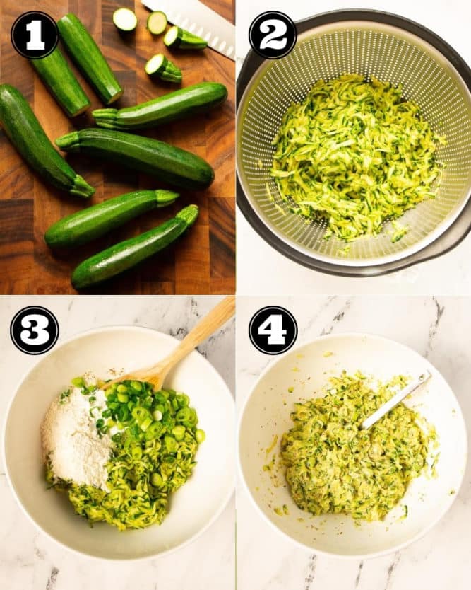 collage of how to make zucchini fritters vegan, step by step