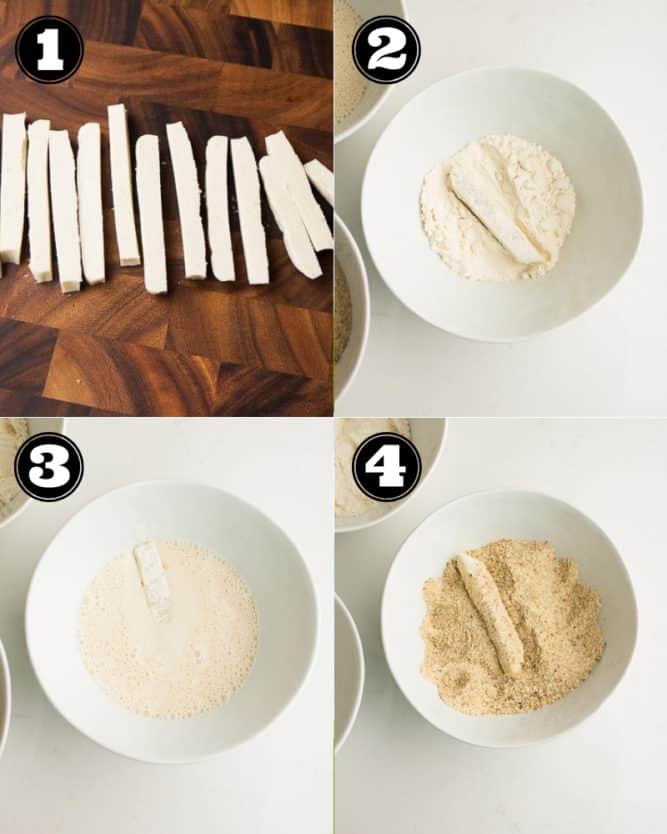 collage of steps to make mozzarella sticks