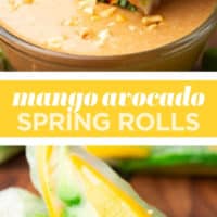 Pinterest collage with text of mango spring rolls with avocado