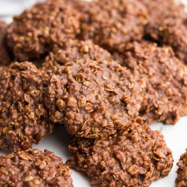 Close up of a pile of chocolate oat cookies